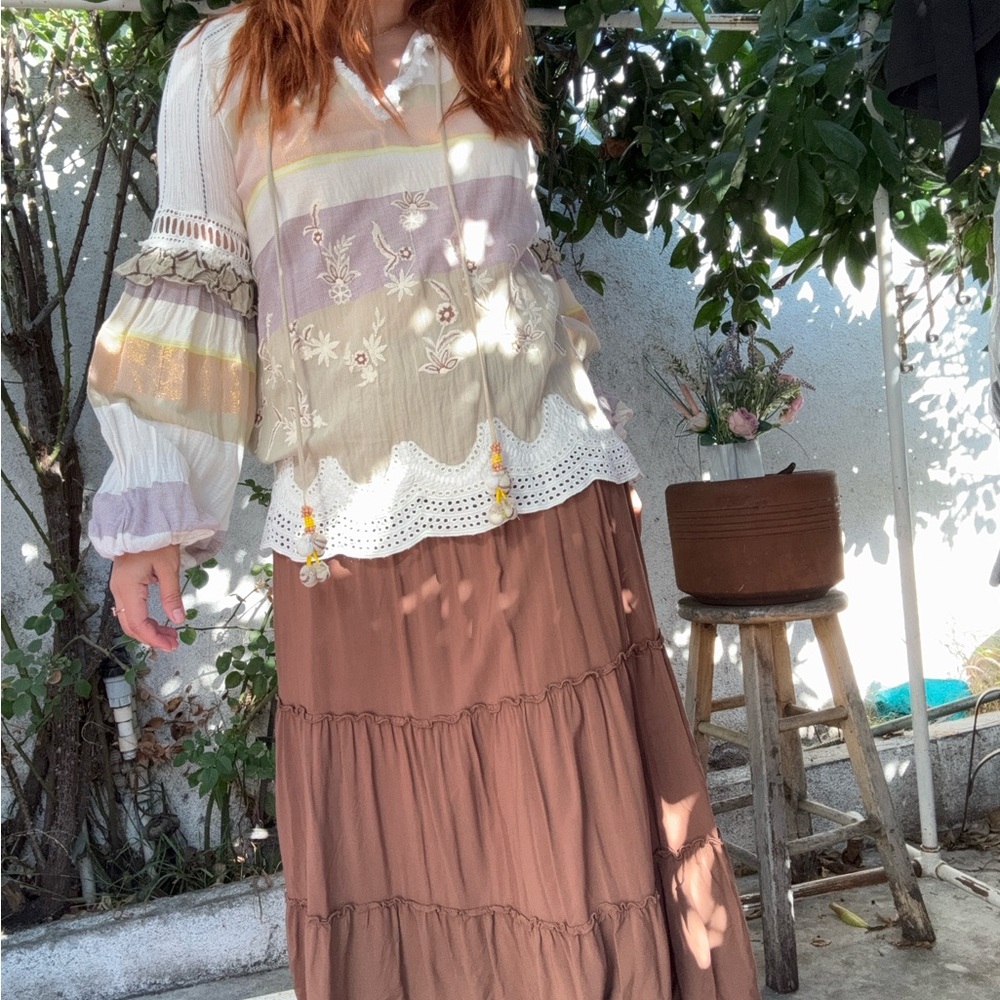 HEMANT & NANDITA Brown Tiered Maxi Skirt